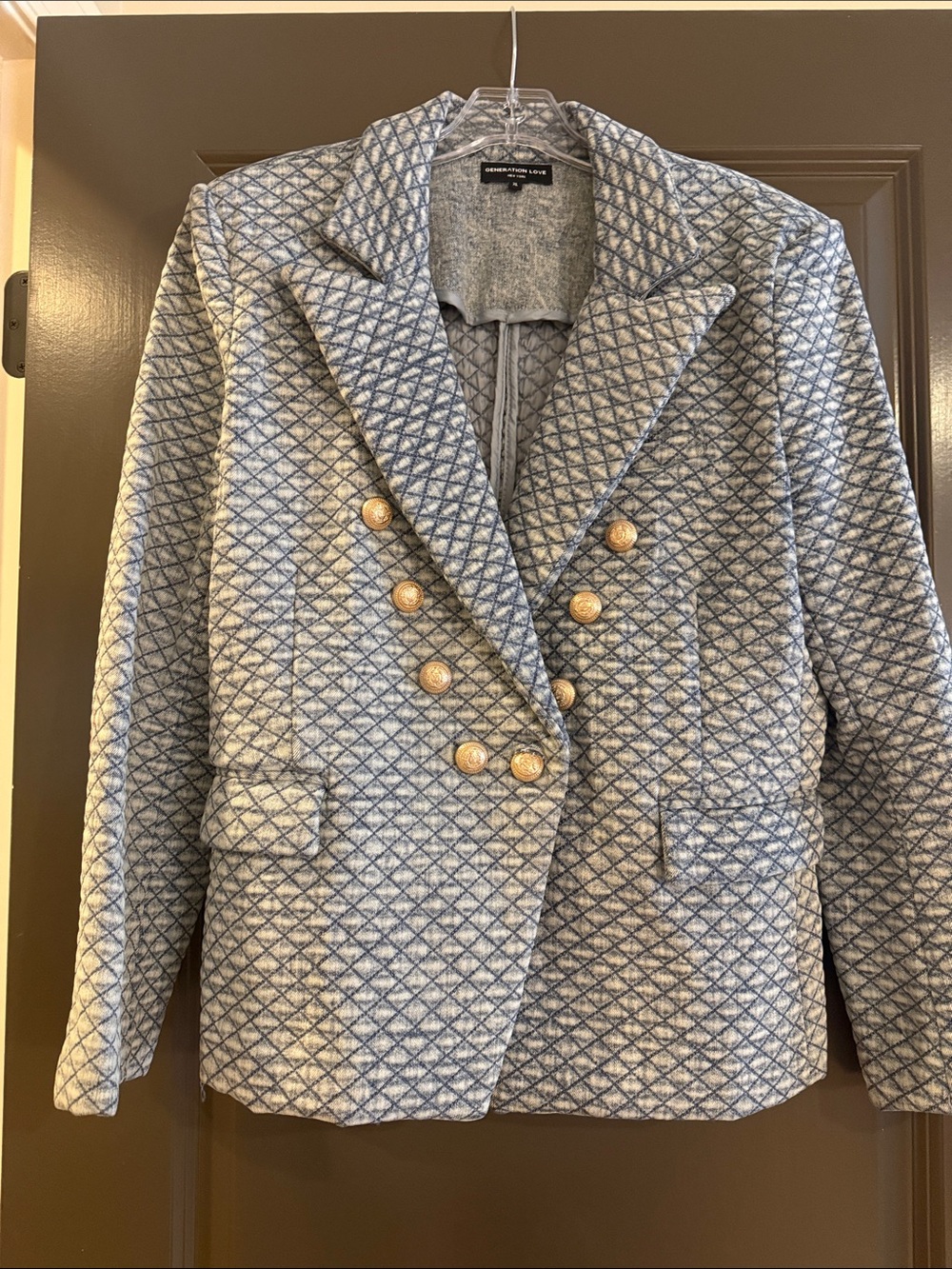Generation Love Quilted Double-Breasted Blazer in Blue and Gray